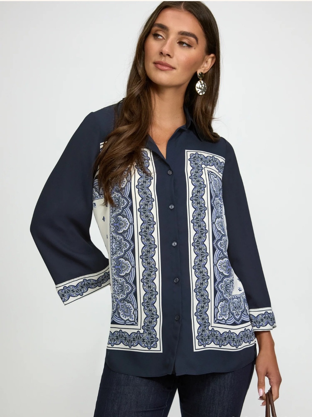 Laura Paisley Button-Down Blouse Blue Pattern